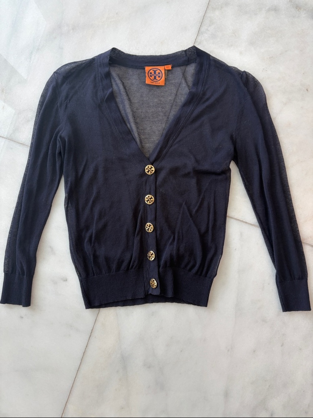 Tory Burch Navy Lightweight V-Neck Cardigan mesh with Logo Buttons
